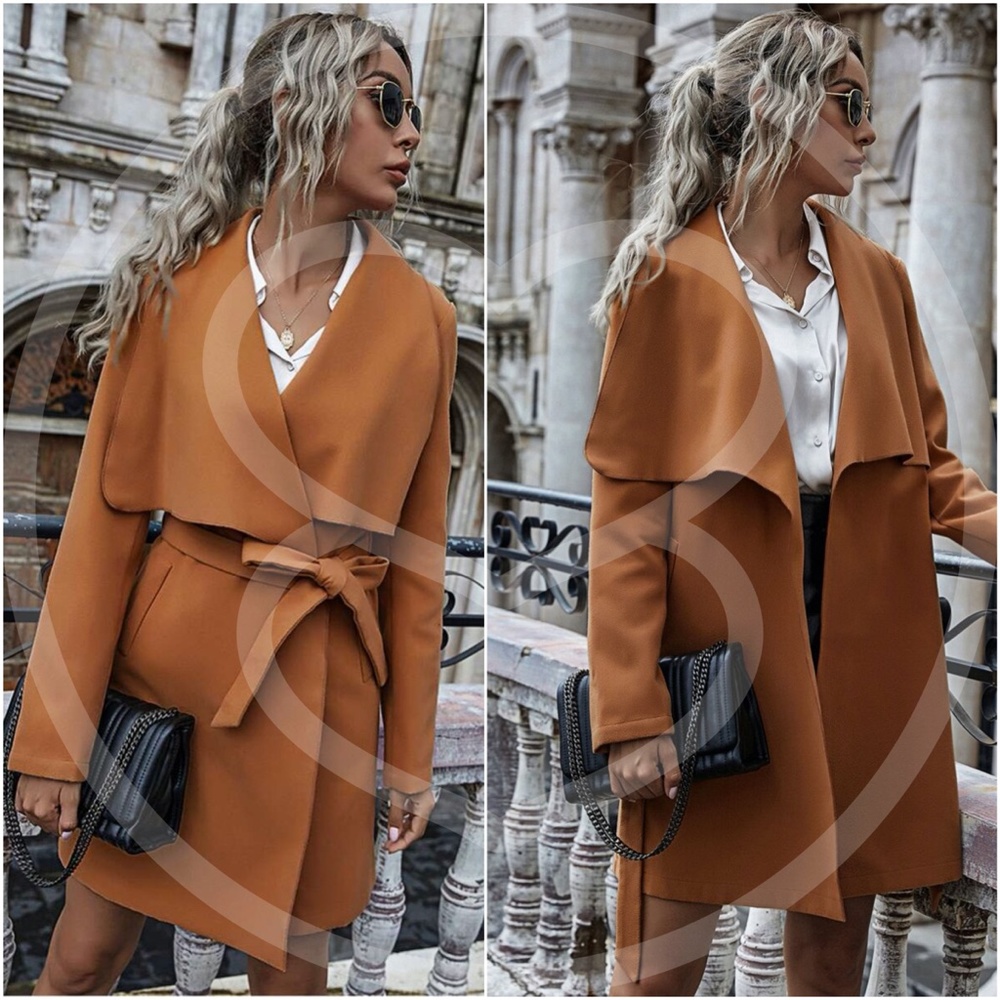 Boho camel wide collar jacket coat belted peacoat - Picture 8 of 8
